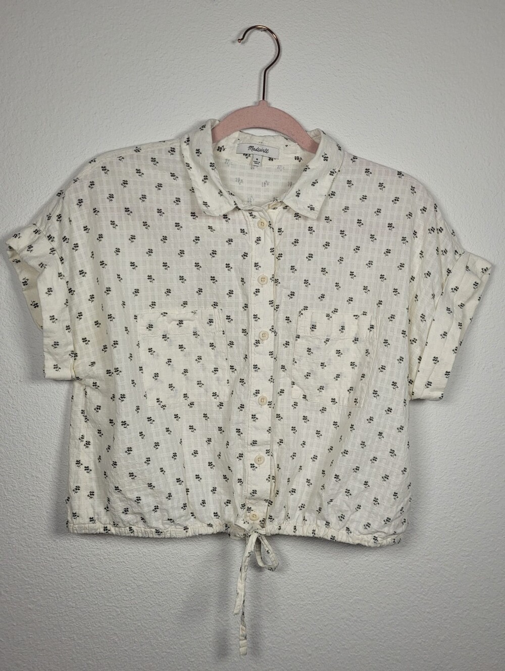 Madewell Floral Drawstring Hem Button Front Shirt Top Cream M Cottagecore Boho